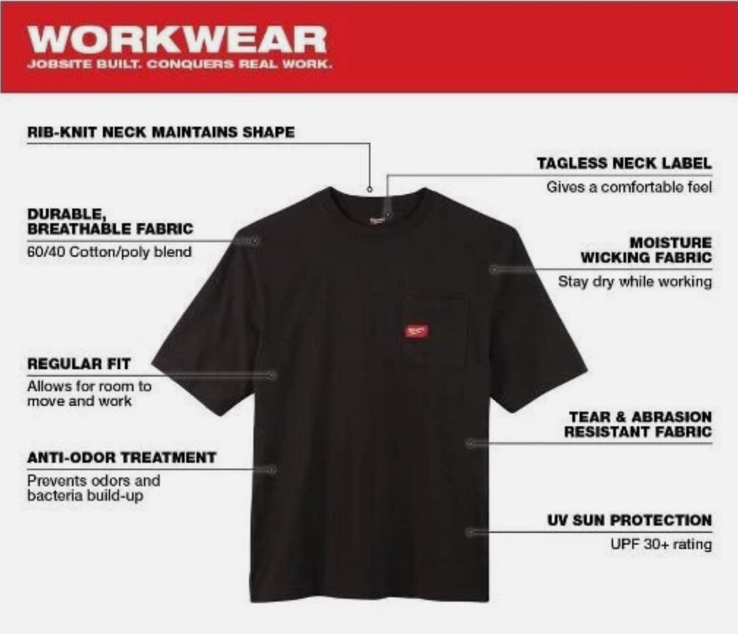 Milwaukee 601B-XL Heavy Duty Pocket T-Shirt Short Sleeve Black XLARGE NEW