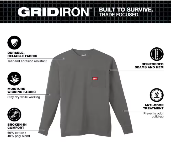 Milwaukee Men's X-Large Gray GRIDIRON Cotton/Polyester Long-Sleeve Pocket T-Shirt