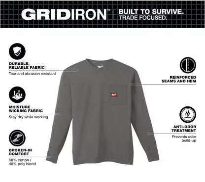 Milwaukee Men's X-Large Gray GRIDIRON Cotton/Polyester Long-Sleeve Pocket T-Shirt