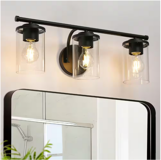 Modern Matte Black 21.6" 3-Light Vanity Light with Clear Glass Shades