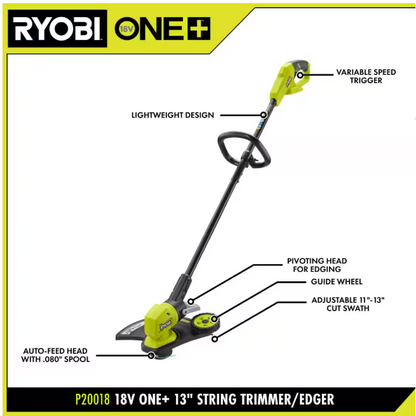 RYOBI ONE+ 18V 13 in. Cordless Battery String Trimmer/Edger with 4.0 Ah Battery and Charger