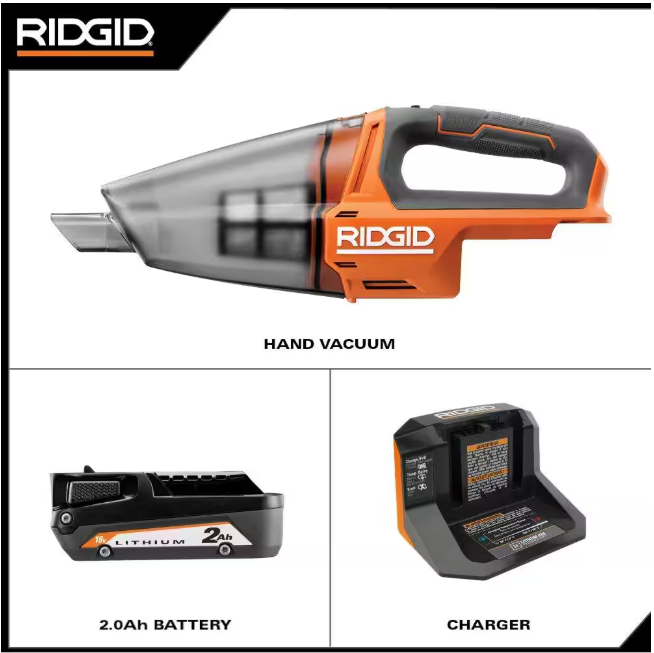 RIDGID 18V Cordless Hand Vacuum Kit with 2.0 Ah Battery and Charger