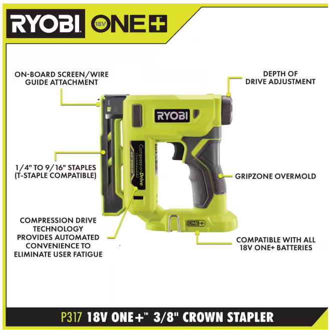 RYOBI ONE+ 18V Compression Drive Cordless 3/8 in. Crown Stapler