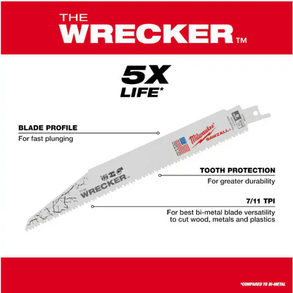 Milwaukee 12 in. 7/11 Teeth per in. Wrecker Demolition Multi-Material Cutting Sawzall Reciprocating Saw Blades (5 Pack)