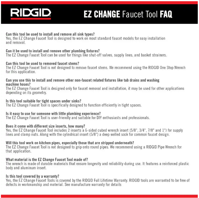 RIDGID EZ Change Plumbing Wrench Faucet Installation and Removal Tool