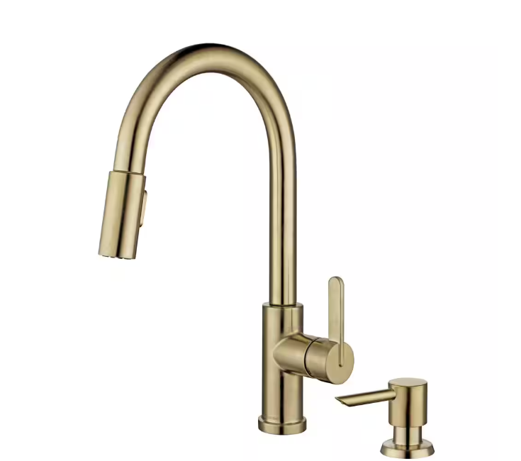 Glacier Bay Paulina Single Handle Pull Down Sprayer Kitchen Faucet with TurboSpray, FastMount and Soap Dispenser in Matte Gold