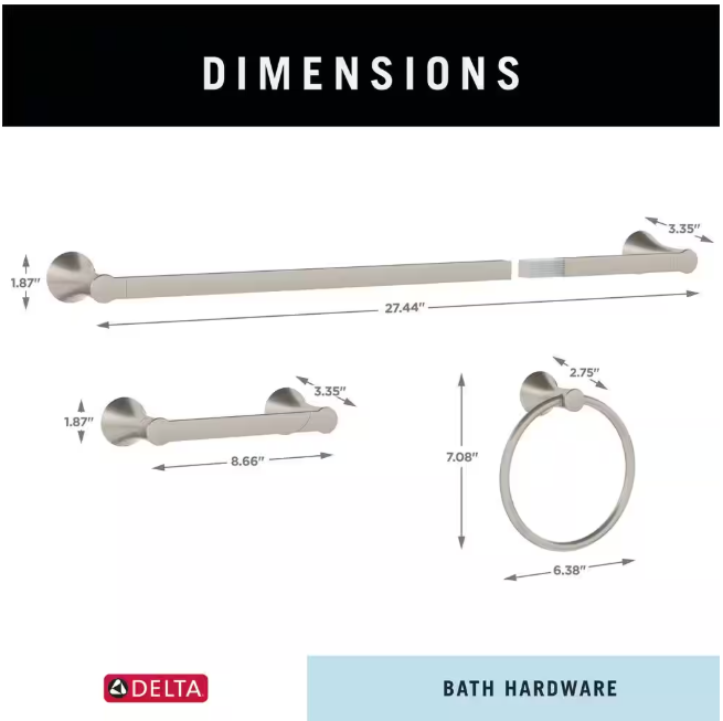 Delta Greydon 3-Piece Bath Hardware Set w/18 in . Towel Bar w/6 in. extender, Toilet Paper Holder, Towel Ring, Brushed Nickel