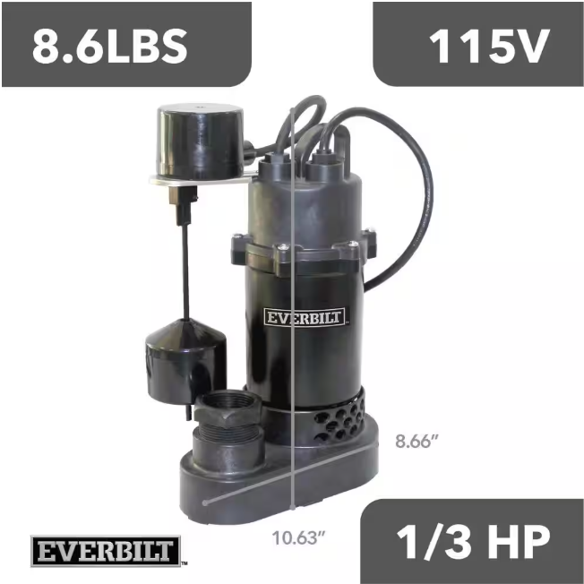 Everbilt 1/3 HP Aluminum Submersible Sump Pump Vertical Switch