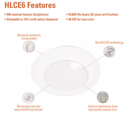 HALO HLCE 6 in. 3000K Integrated LED Recessed Light Trim (6-Pack), Title 20 Compliant