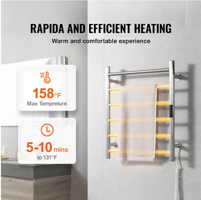 SVOPES 6-Bars Towel Warmer Rack, Wall Mounted Heated Towel Heater for Bathroom, Timer and LED, Silver Plug-In and Hardwire
