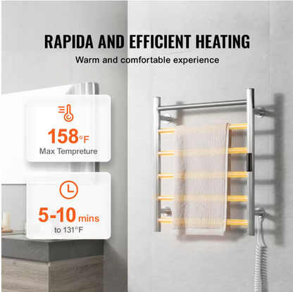 SVOPES 6-Bars Towel Warmer Rack, Wall Mounted Heated Towel Heater for Bathroom, Timer and LED, Silver Plug-In and Hardwire