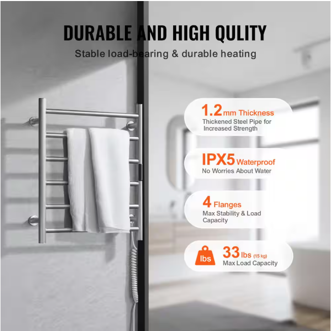 SVOPES 6-Bars Towel Warmer Rack, Wall Mounted Heated Towel Heater for Bathroom, Timer and LED, Silver Plug-In and Hardwire