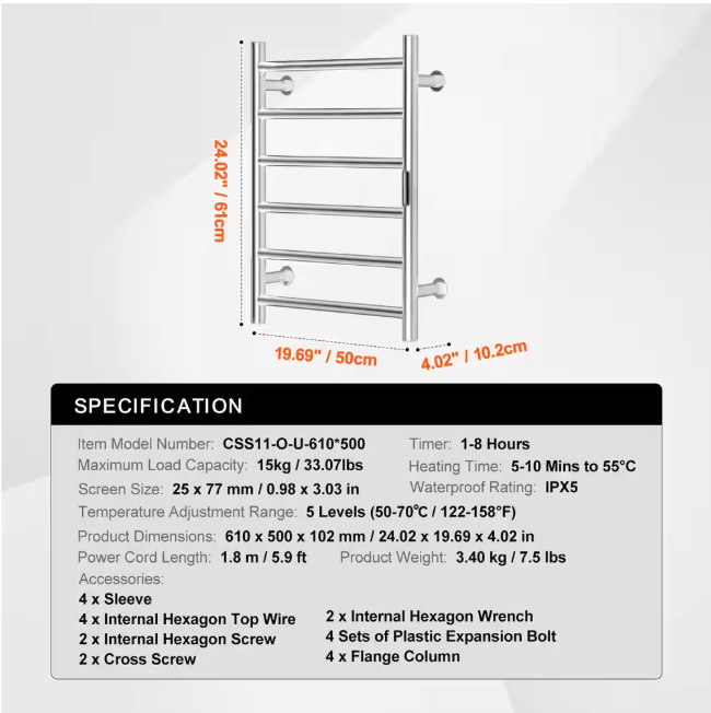 SVOPES 6-Bars Towel Warmer Rack, Wall Mounted Heated Towel Heater for Bathroom, Timer and LED, Silver Plug-In and Hardwire