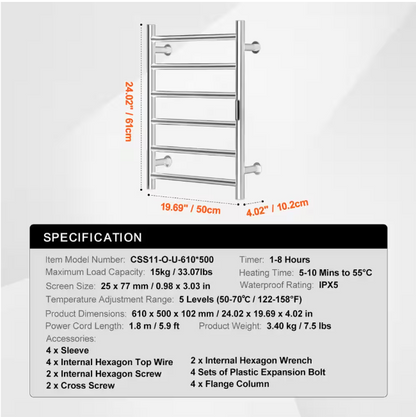 SVOPES 6-Bars Towel Warmer Rack, Wall Mounted Heated Towel Heater for Bathroom, Timer and LED, Silver Plug-In and Hardwire