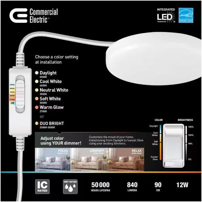 Commercial Electric Trimless Integrated LED 6 in Round Adjustable Color Temp Canless Recessed Light for Kitchen Bathroom Livingroom, White (4-Pack)