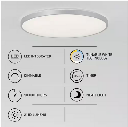 Artika Europa 21 in. 1-Light Modern Silver Integrated LED 3 CCT Flush Mount Ceiling Light Fixture for Kitchen or Bedroom