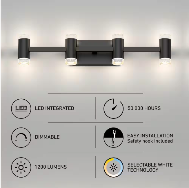 Artika Mist 27 in. 4 Light Black Modern Integrated LED 5 CCT Vanity Light Bar for Bathroom