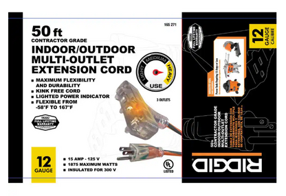 RIDGID 50 ft. 12/3 Heavy Duty Indoor/Outdoor Extension Cord with Tritap Lighted End, Orange/Grey