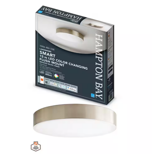 Hampton Bay Lakeshore 13 in. Brushed Nickel Color Changing and Adjustable CCT Integrated LED Smart Flush Mount Powered by Hubspace