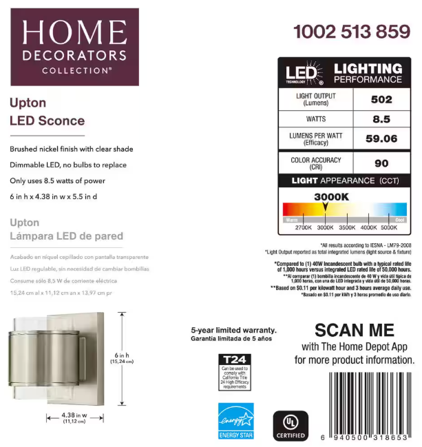 Home Decorators Collection Upton Brushed Nickel LED Sconce