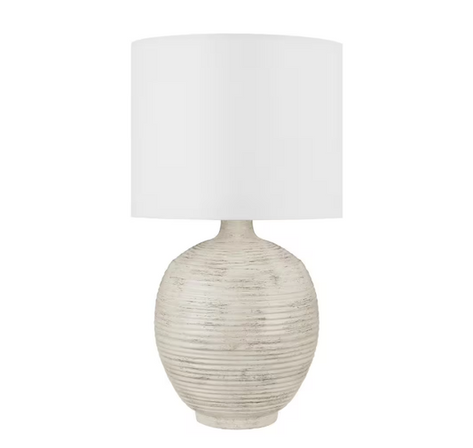 Hampton Bay Finch 22 in. Distressed White Ribbed Table Lamp with White Linen Shade