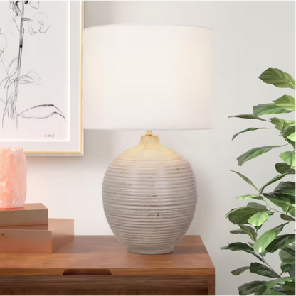 Hampton Bay Finch 22 in. Distressed White Ribbed Table Lamp with White Linen Shade