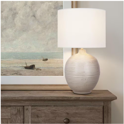 Hampton Bay Finch 22 in. Distressed White Ribbed Table Lamp with White Linen Shade