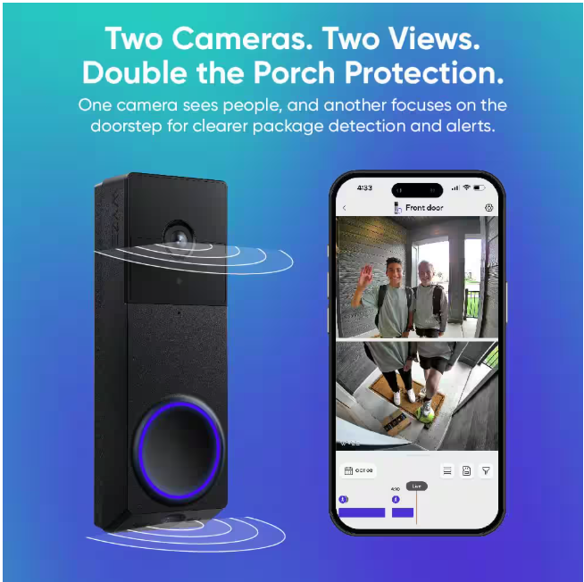 Wyze Wireless Duo Cam Video Doorbell, Battery Powered, 2K Full HD Video, 2 Cameras (People and Package), Color Night Vision