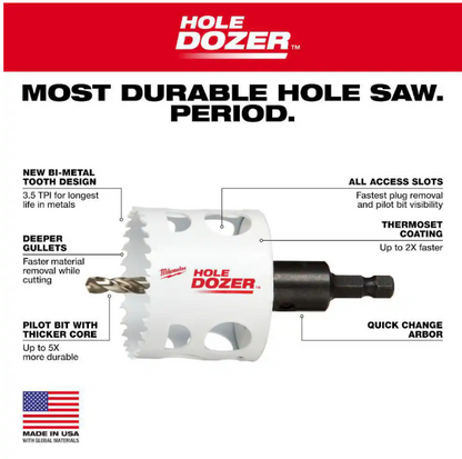 Milwaukee 2-1/8 in. Hole Dozer Bi-Metal Hole Saw with 3/8 in. Arbor & Pilot Bit