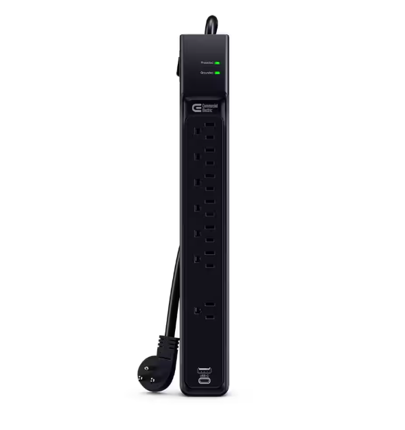 Commercial Electric 8 ft. 7-Outlet Surge Protector with USB in Black