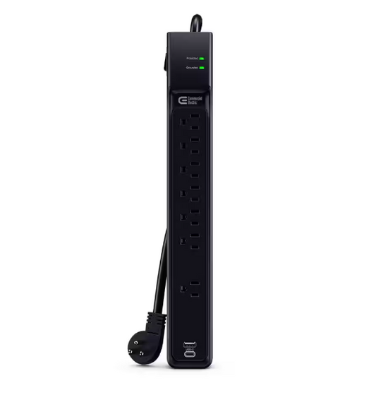 Commercial Electric 8 ft. 7-Outlet Surge Protector with USB in Black