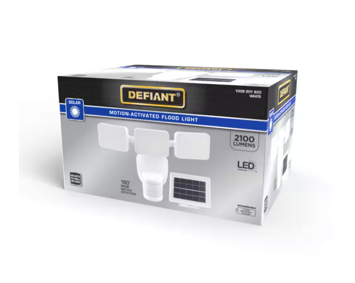 Defiant 180° White Motion Sensing Security Light Solar Powered Outdoor 3-Head LED Flood Light 2100 Lumens