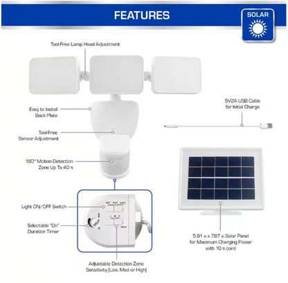 Defiant 180° White Motion Sensing Security Light Solar Powered Outdoor 3-Head LED Flood Light 2100 Lumens