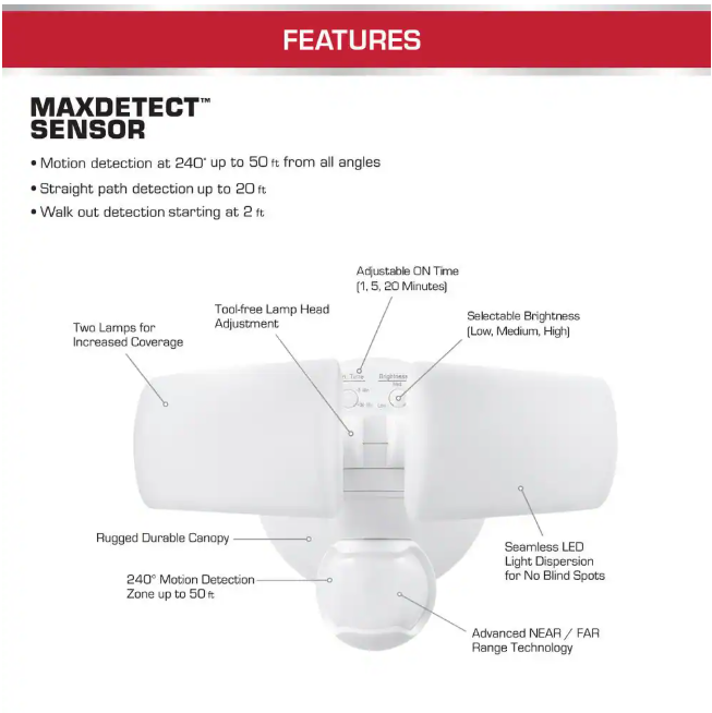 Defiant MaxDetect 240° White Motion Sensor Wired Outdoor 2-Head LED Security Flood Light 2000 Lumens