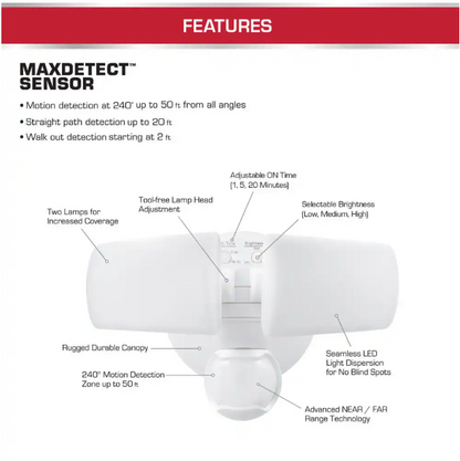 Defiant MaxDetect 240° White Motion Sensor Wired Outdoor 2-Head LED Security Flood Light 2000 Lumens
