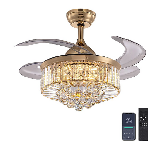 SILJOY 36-in Gold Chandelier & Retractable Blade Ceiling Fan with Remote Control