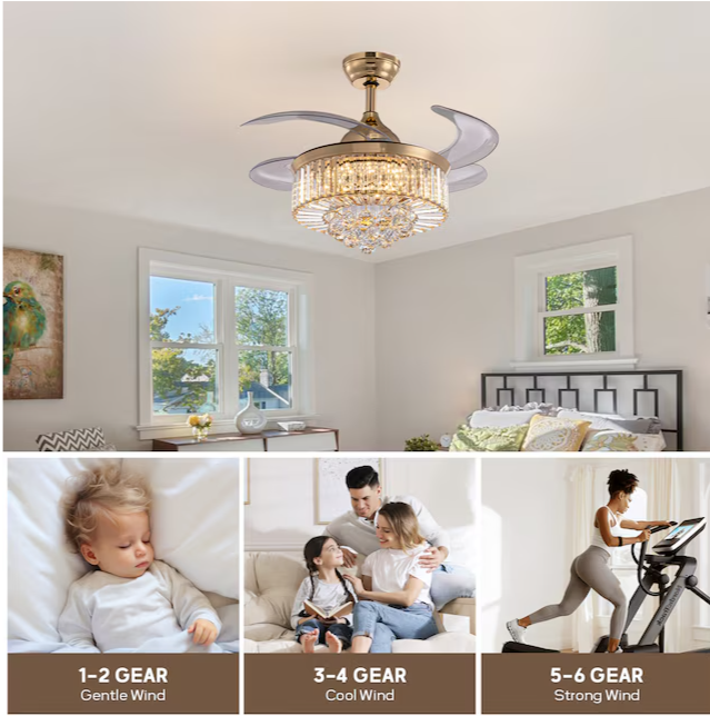 SILJOY 36-in Gold Chandelier & Retractable Blade Ceiling Fan with Remote Control