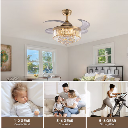 SILJOY 36-in Gold Chandelier & Retractable Blade Ceiling Fan with Remote Control