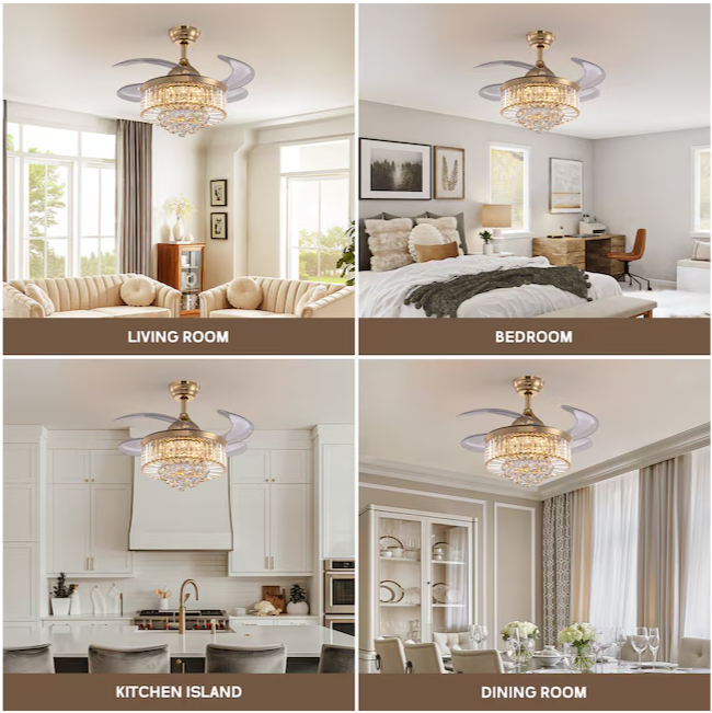 SILJOY 36-in Gold Chandelier & Retractable Blade Ceiling Fan with Remote Control