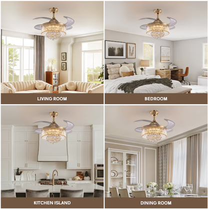 SILJOY 36-in Gold Chandelier & Retractable Blade Ceiling Fan with Remote Control