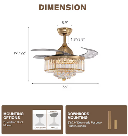 SILJOY 36-in Gold Chandelier & Retractable Blade Ceiling Fan with Remote Control