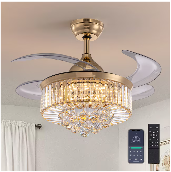 SILJOY 36-in Gold Chandelier & Retractable Blade Ceiling Fan with Remote Control