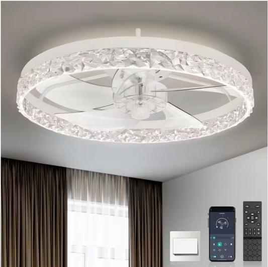 ARISKEEN 20 in. Indoor White Crystal Ceiling Fan with Light and Remote, Flush Mount LED Ceiling Fan, Dimmable for Bedroom