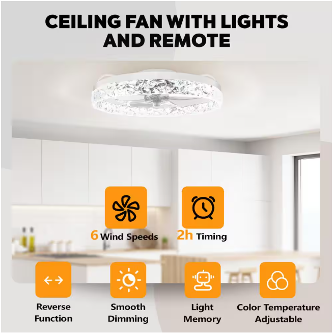 ARISKEEN 20 in. Indoor White Crystal Ceiling Fan with Light and Remote, Flush Mount LED Ceiling Fan, Dimmable for Bedroom