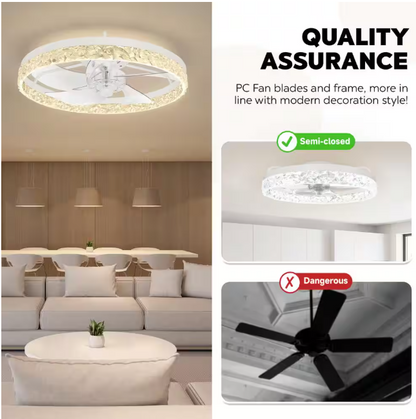 ARISKEEN 20 in. Indoor White Crystal Ceiling Fan with Light and Remote, Flush Mount LED Ceiling Fan, Dimmable for Bedroom