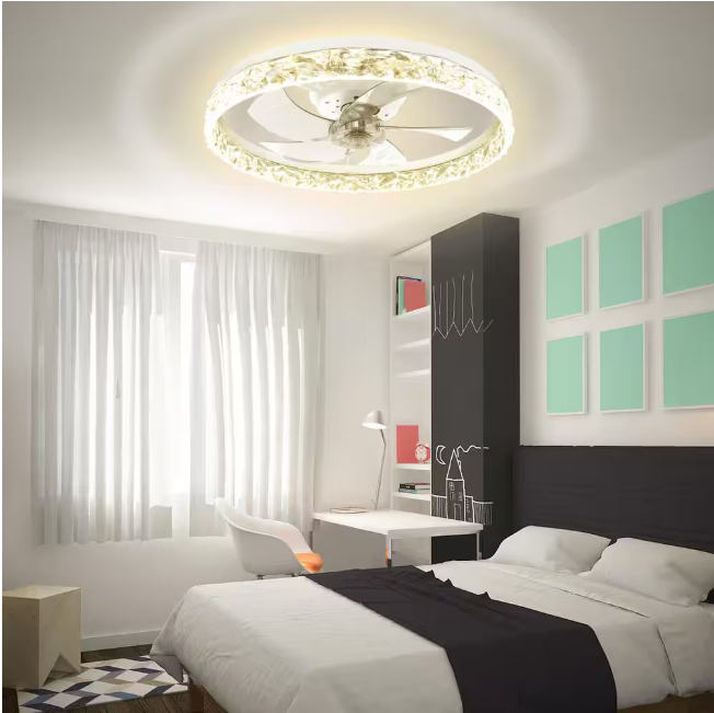 ARISKEEN 20 in. Indoor White Crystal Ceiling Fan with Light and Remote, Flush Mount LED Ceiling Fan, Dimmable for Bedroom