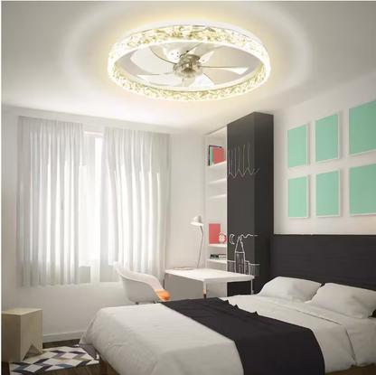 ARISKEEN 20 in. Indoor White Crystal Ceiling Fan with Light and Remote, Flush Mount LED Ceiling Fan, Dimmable for Bedroom