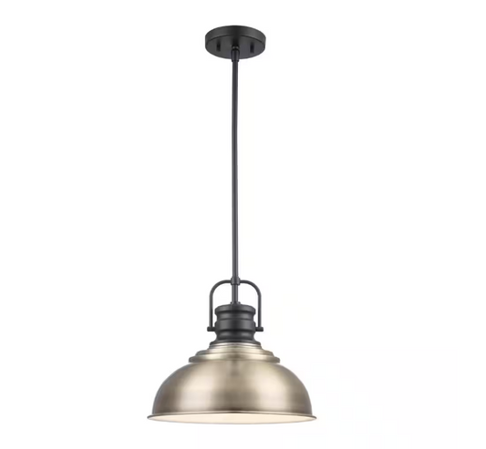 Home Decorators Collection Shelston 13 in. 1-Light Antique Gold and Black Farmhouse Pendant Light Fixture with Metal Shade