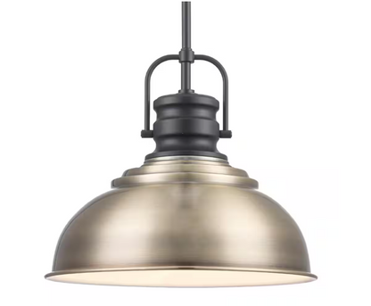 Home Decorators Collection Shelston 13 in. 1-Light Antique Gold and Black Farmhouse Pendant Light Fixture with Metal Shade