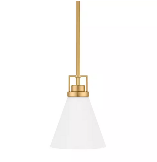 Home Decorators Collection Clermont 1-Light Satin Brass Shaded Pendant Light with Milk Glass Shade
